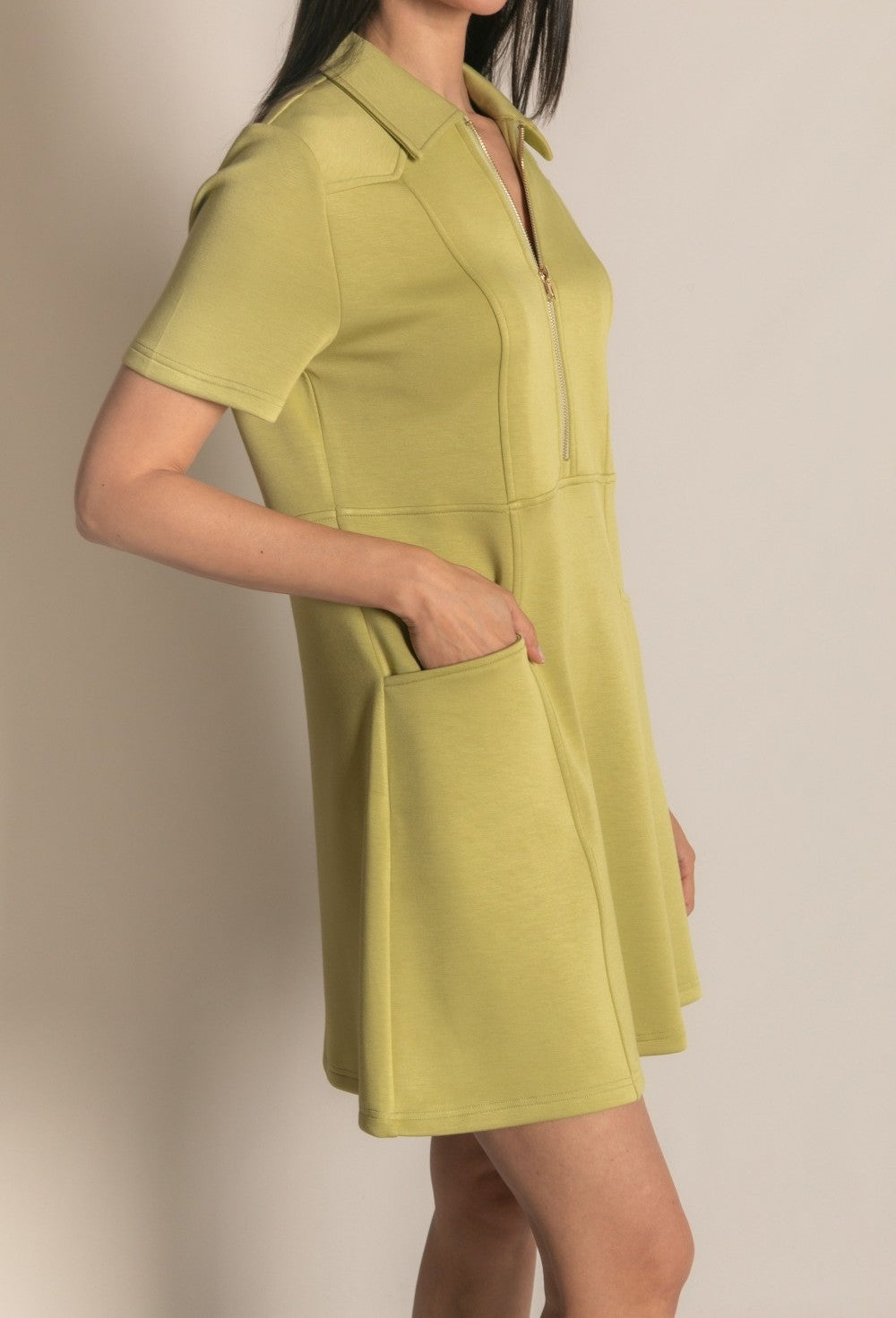 LEMON GRASS PCILL BUTTER MODAL QUARTER ZIP SHORT SLEEVE MINI DRESS