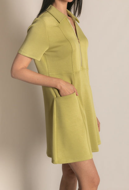 LEMON GRASS PCILL BUTTER MODAL QUARTER ZIP SHORT SLEEVE MINI DRESS