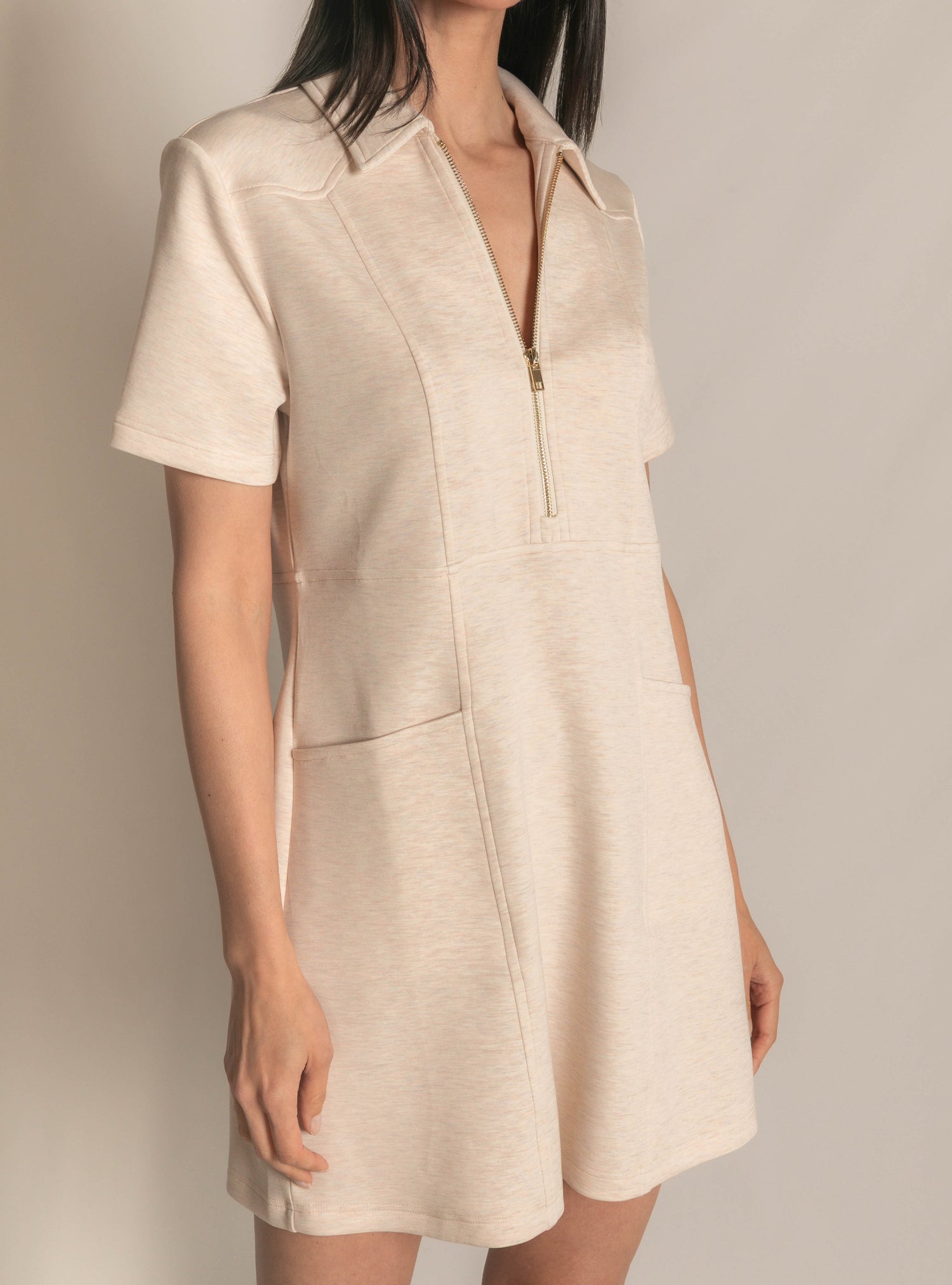 OATMEAL PCILL BUTTER MODAL QUARTER ZIP SHORT SLEEVE MINI DRESS