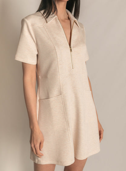 OATMEAL PCILL BUTTER MODAL QUARTER ZIP SHORT SLEEVE MINI DRESS