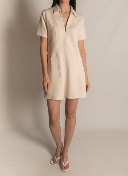 OATMEAL PCILL BUTTER MODAL QUARTER ZIP SHORT SLEEVE MINI DRESS
