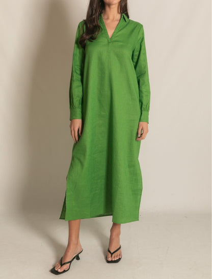 GRASS GREEN LINEN COLLARED LONG SLEEVE MIDI DRESS