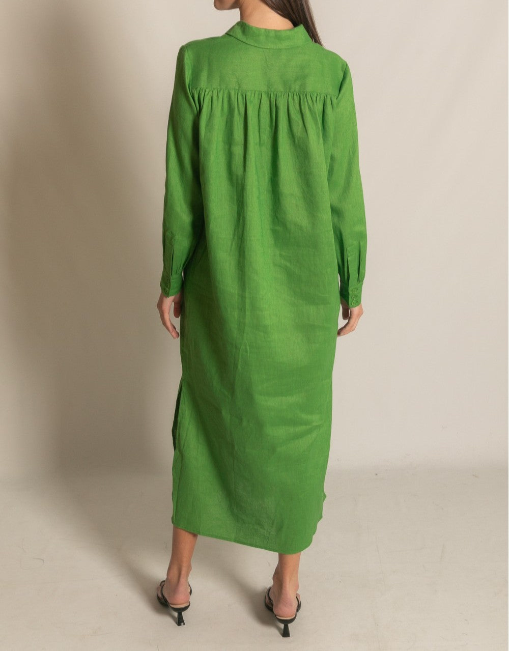 GRASS GREEN LINEN COLLARED LONG SLEEVE MIDI DRESS