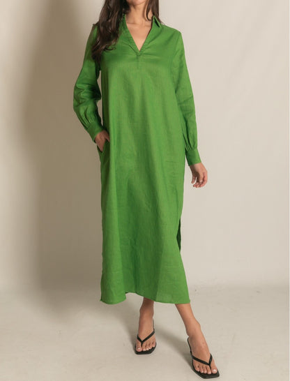 GRASS GREEN LINEN COLLARED LONG SLEEVE MIDI DRESS