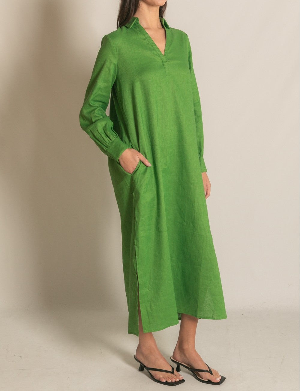 GRASS GREEN LINEN COLLARED LONG SLEEVE MIDI DRESS