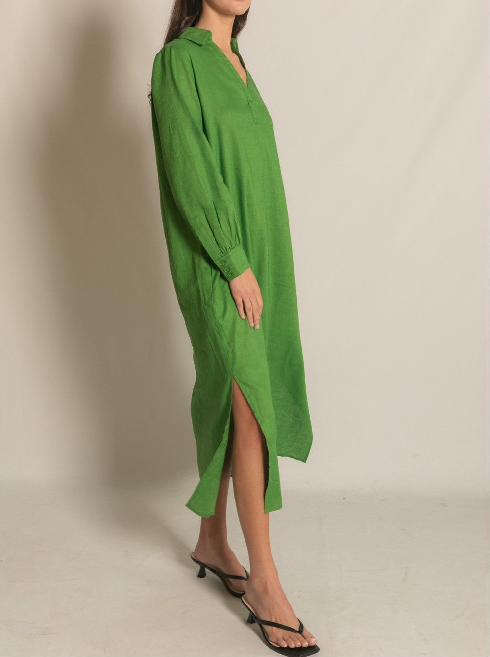 GRASS GREEN LINEN COLLARED LONG SLEEVE MIDI DRESS