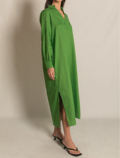 GRASS GREEN LINEN COLLARED LONG SLEEVE MIDI DRESS