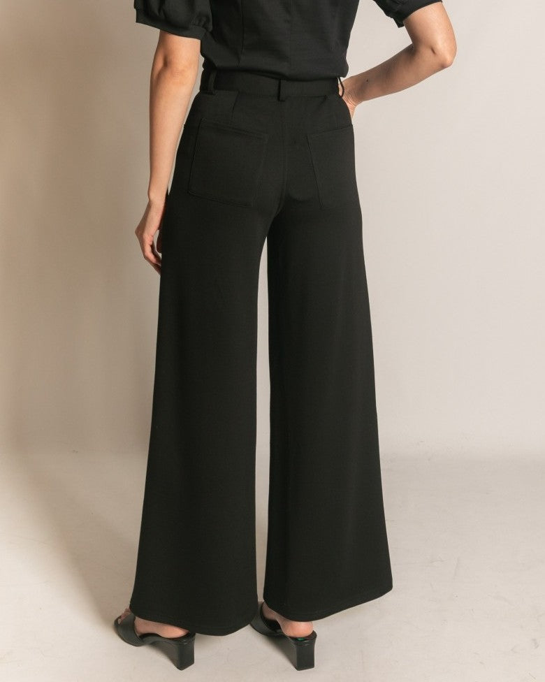 BLACK PCILL BUTTER MODAL PLEATED WIDE LEG TROUSERS