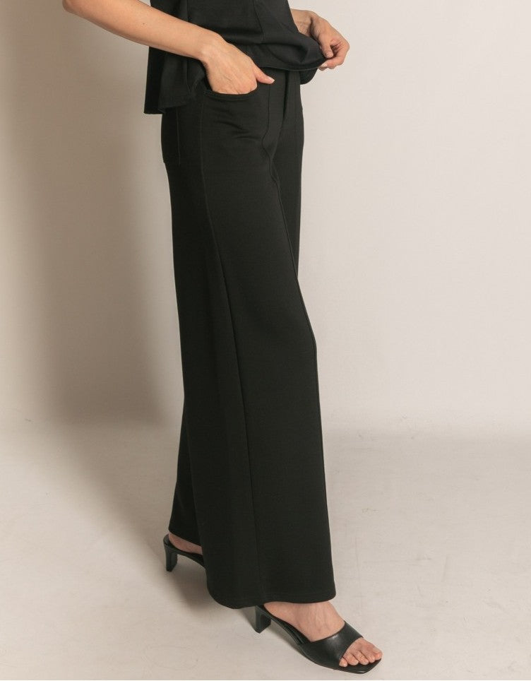 BLACK PCILL BUTTER MODAL PLEATED WIDE LEG TROUSERS