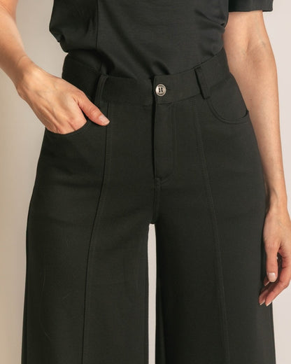 BLACK PCILL BUTTER MODAL PLEATED WIDE LEG TROUSERS
