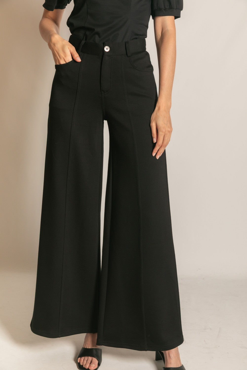 BLACK PCILL BUTTER MODAL PLEATED WIDE LEG TROUSERS