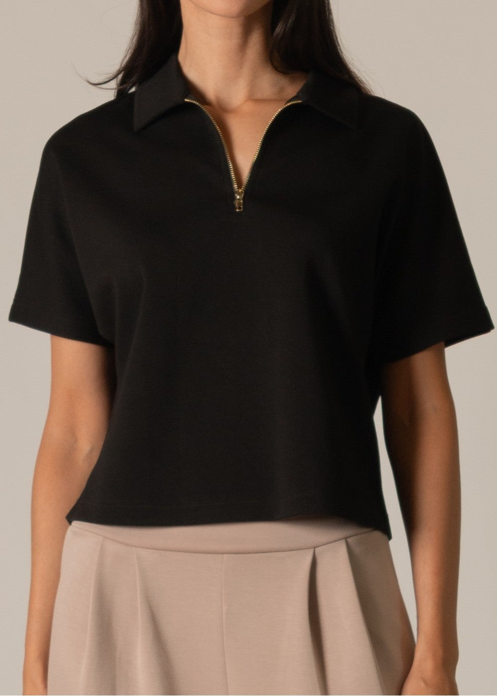 BLACK PCILL BUTTER MODAL QUARTER ZIP SHORT SLEEVE TOP