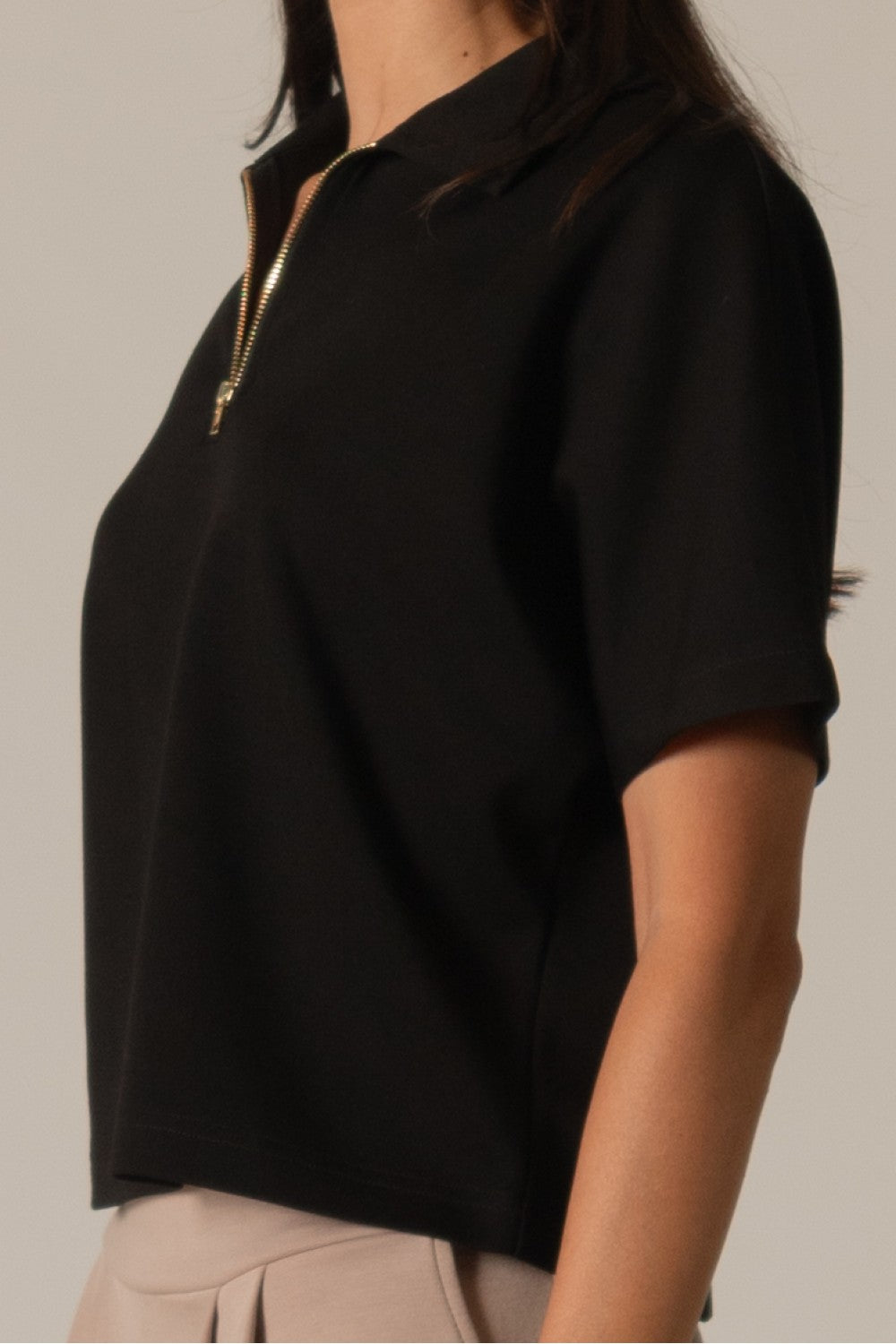 BLACK PCILL BUTTER MODAL QUARTER ZIP SHORT SLEEVE TOP