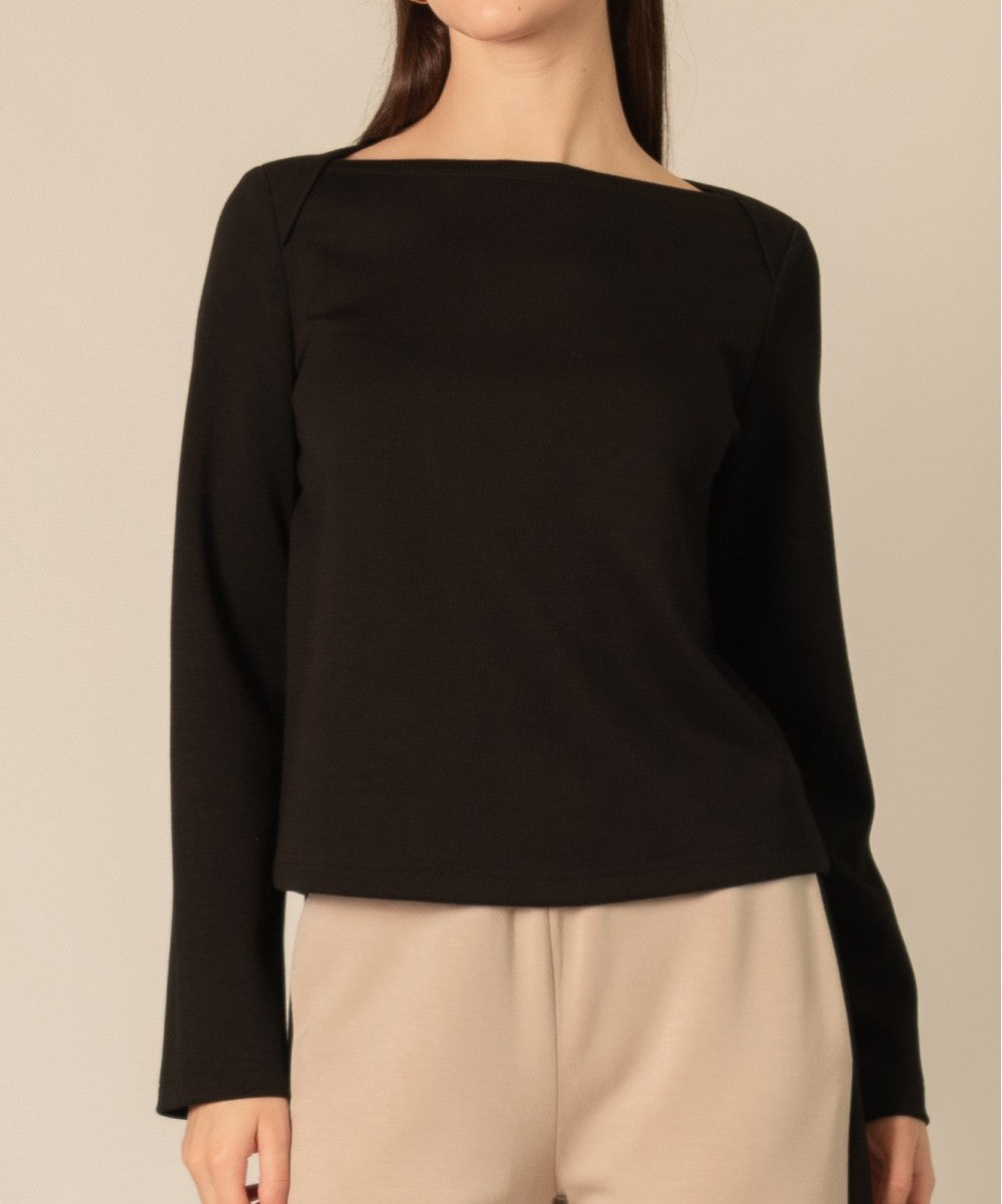 BLACK PCILL BUTTER MODAL BOAT NECK LONG SLEEVE TOP
