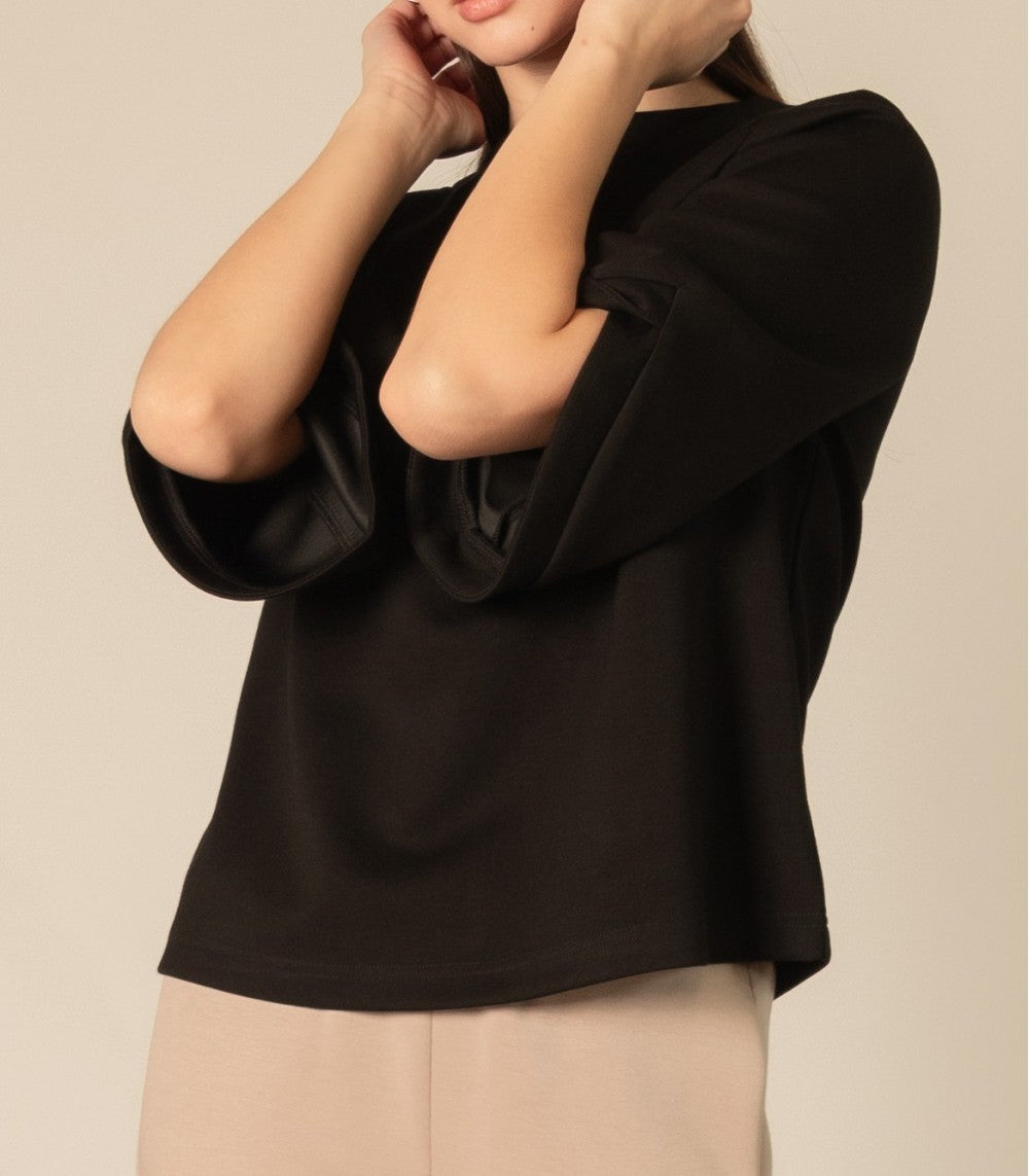 BLACK PCILL BUTTER MODAL FLARE 3/4 SLEEVE ROUND NECK TOP