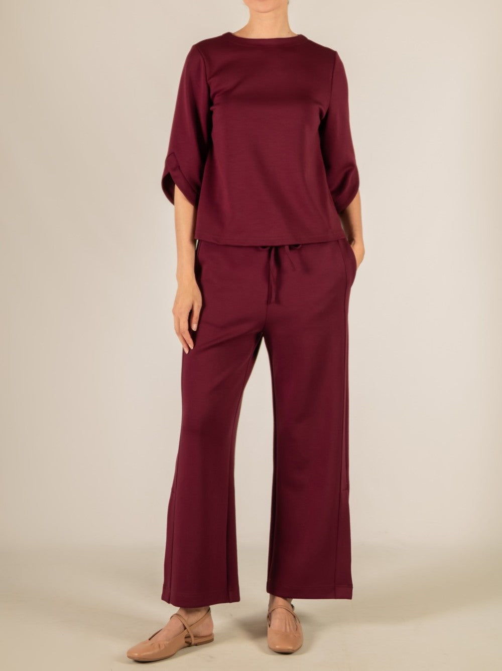 PORT WINE PCILL BUTTER MODAL FLARE 3/4 SLEEVE ROUND NECK TOP