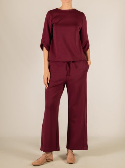 PORT WINE PCILL BUTTER MODAL FLARE 3/4 SLEEVE ROUND NECK TOP
