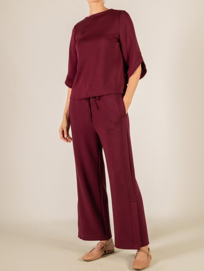 PORT WINE PCILL BUTTER MODAL FLARE 3/4 SLEEVE ROUND NECK TOP