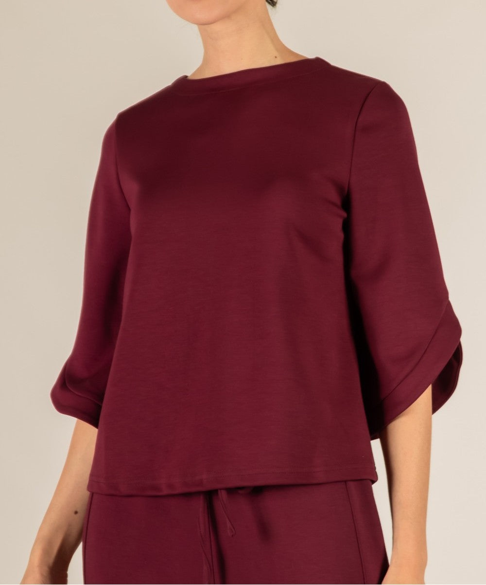 PORT WINE PCILL BUTTER MODAL FLARE 3/4 SLEEVE ROUND NECK TOP