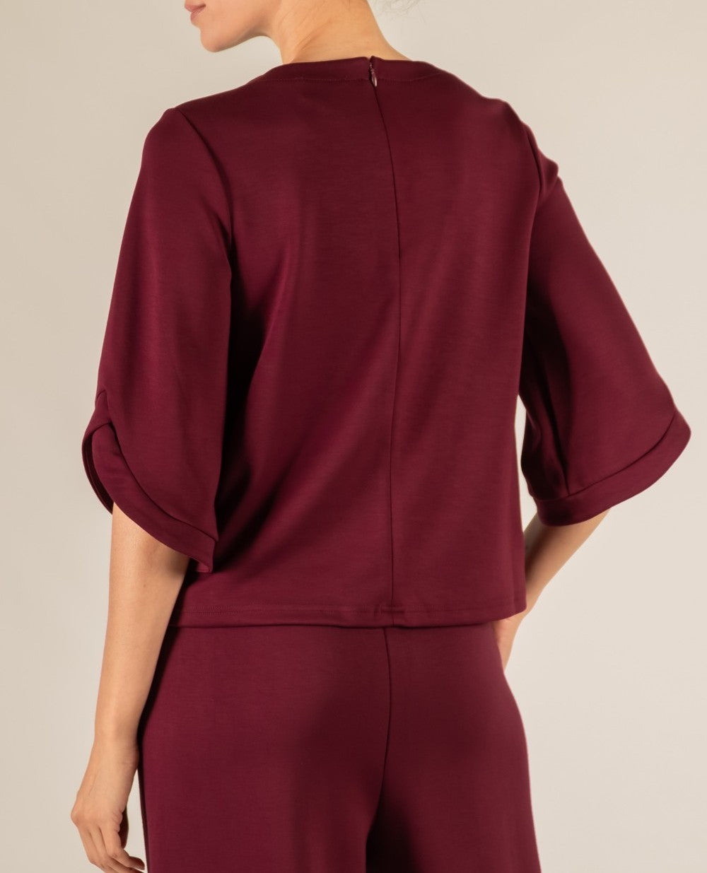 PORT WINE PCILL BUTTER MODAL FLARE 3/4 SLEEVE ROUND NECK TOP