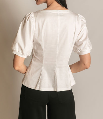 WHITE PCILL GLAZED COTTON KNIT PEPLUM TOP