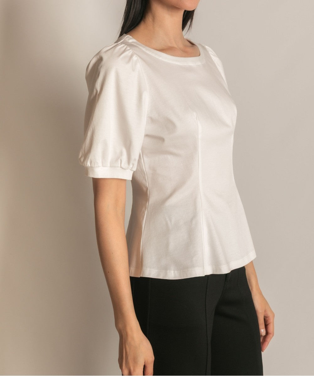 WHITE PCILL GLAZED COTTON KNIT PEPLUM TOP