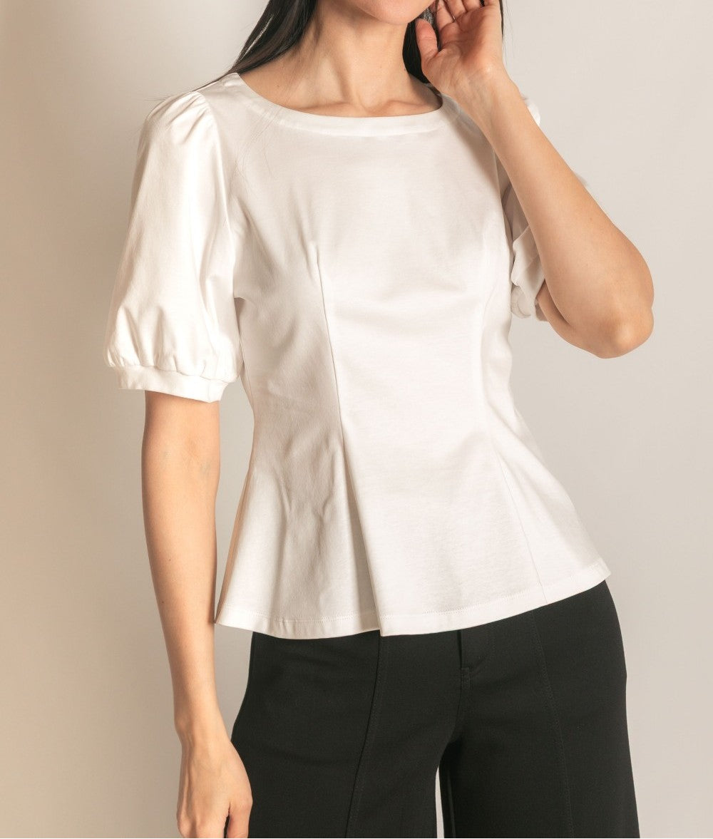 WHITE PCILL GLAZED COTTON KNIT PEPLUM TOP