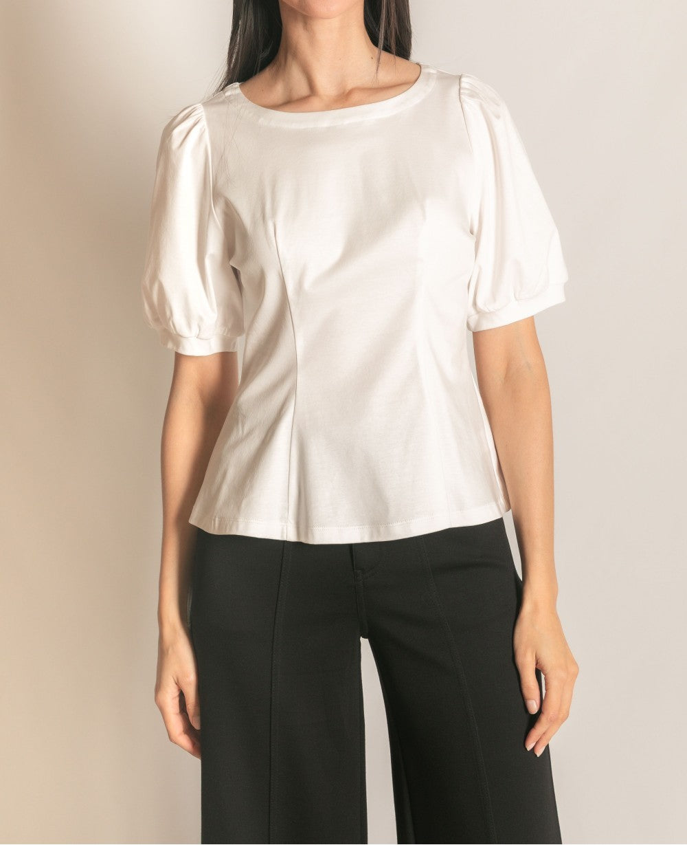 WHITE PCILL GLAZED COTTON KNIT PEPLUM TOP