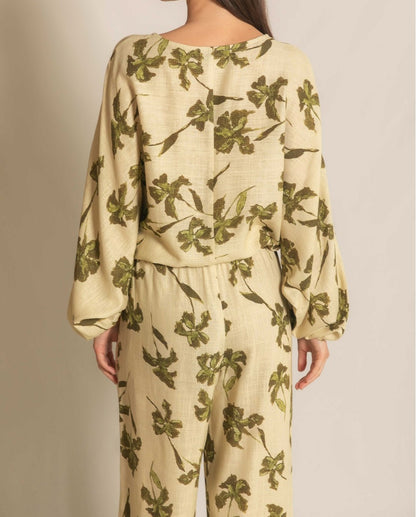 LIME MULTI BOTANICAL FLORAL PRINT LONG BALLOON SLEEVE LINEN TOP