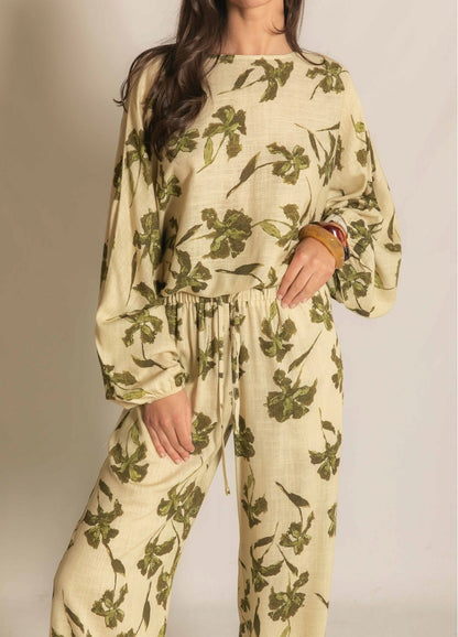 LIME MULTI BOTANICAL FLORAL PRINT LONG BALLOON SLEEVE LINEN TOP