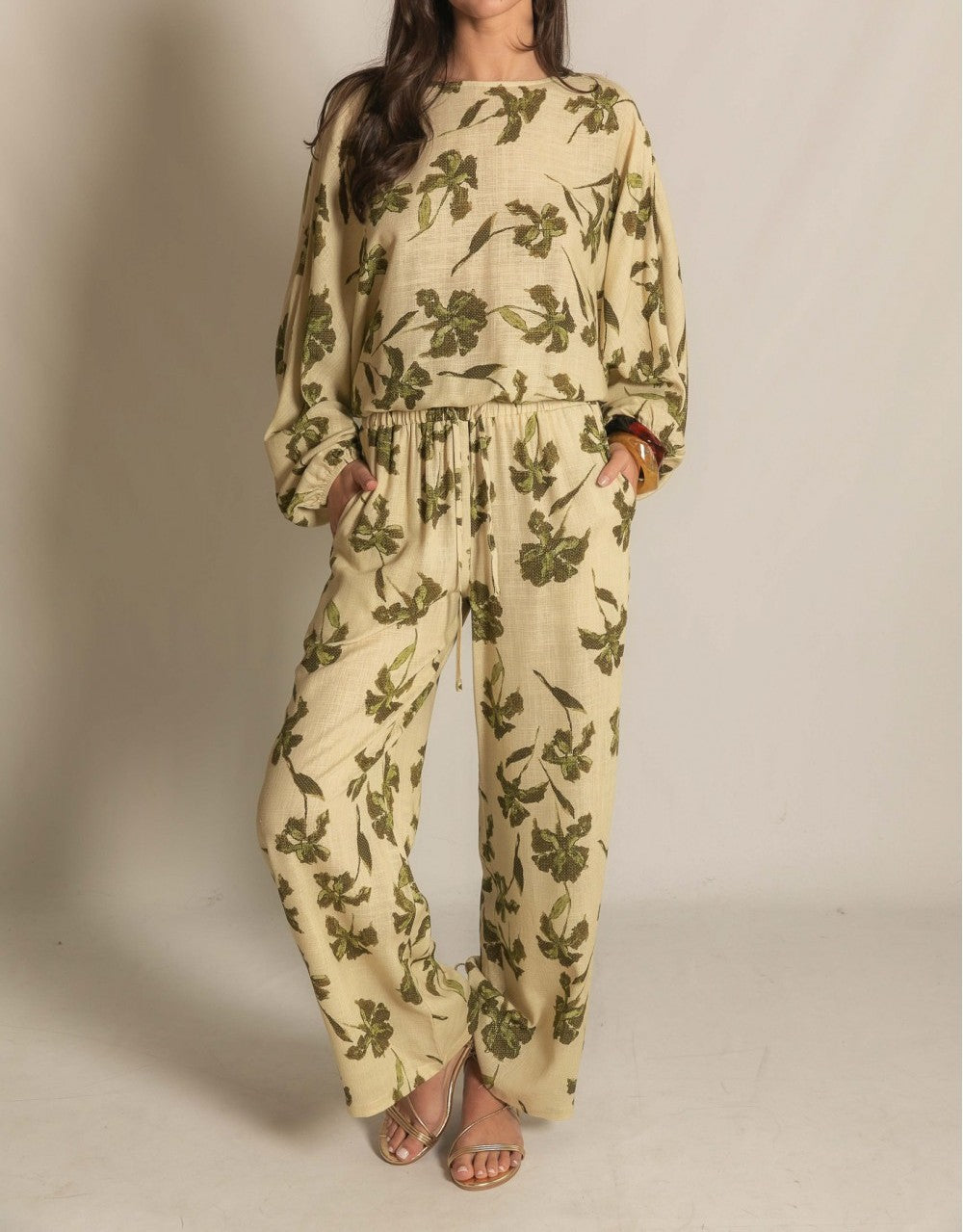 LIME MULTI BOTANICAL FLORAL PRINT LONG BALLOON SLEEVE LINEN TOP