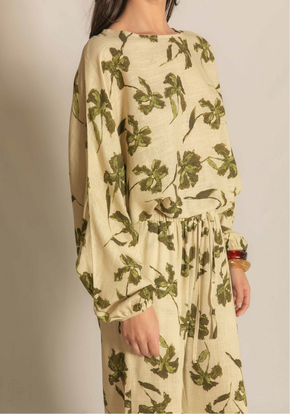 LIME MULTI BOTANICAL FLORAL PRINT LONG BALLOON SLEEVE LINEN TOP