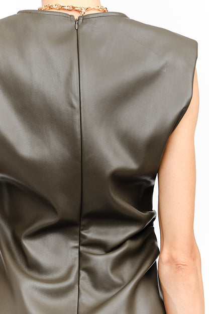 OLIVE VEGAN LEATHER PADDED SHOULDER EMILY MINI DRESS