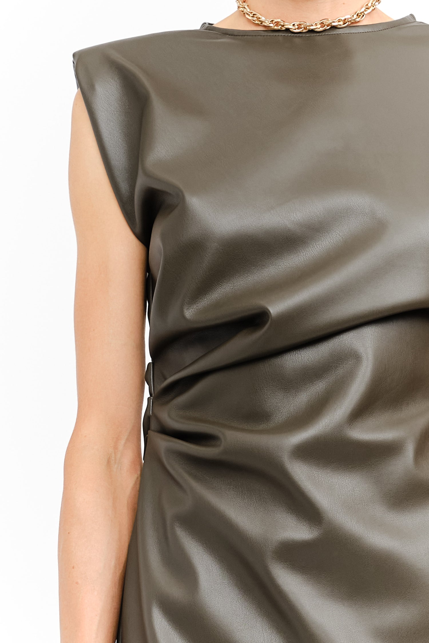 OLIVE VEGAN LEATHER PADDED SHOULDER EMILY MINI DRESS