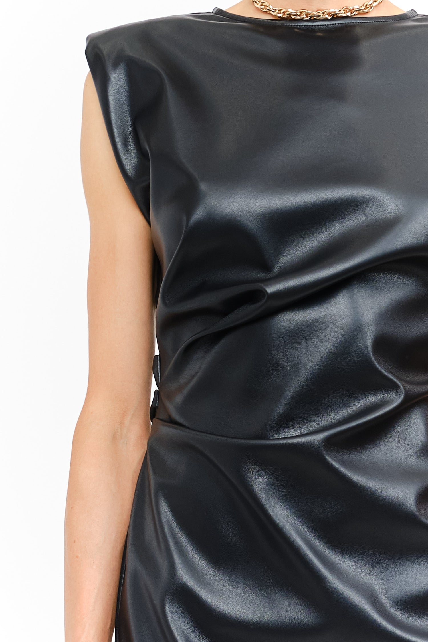 BLACK VEGAN LEATHER PADDED SHOULDER EMILY MINI DRESS