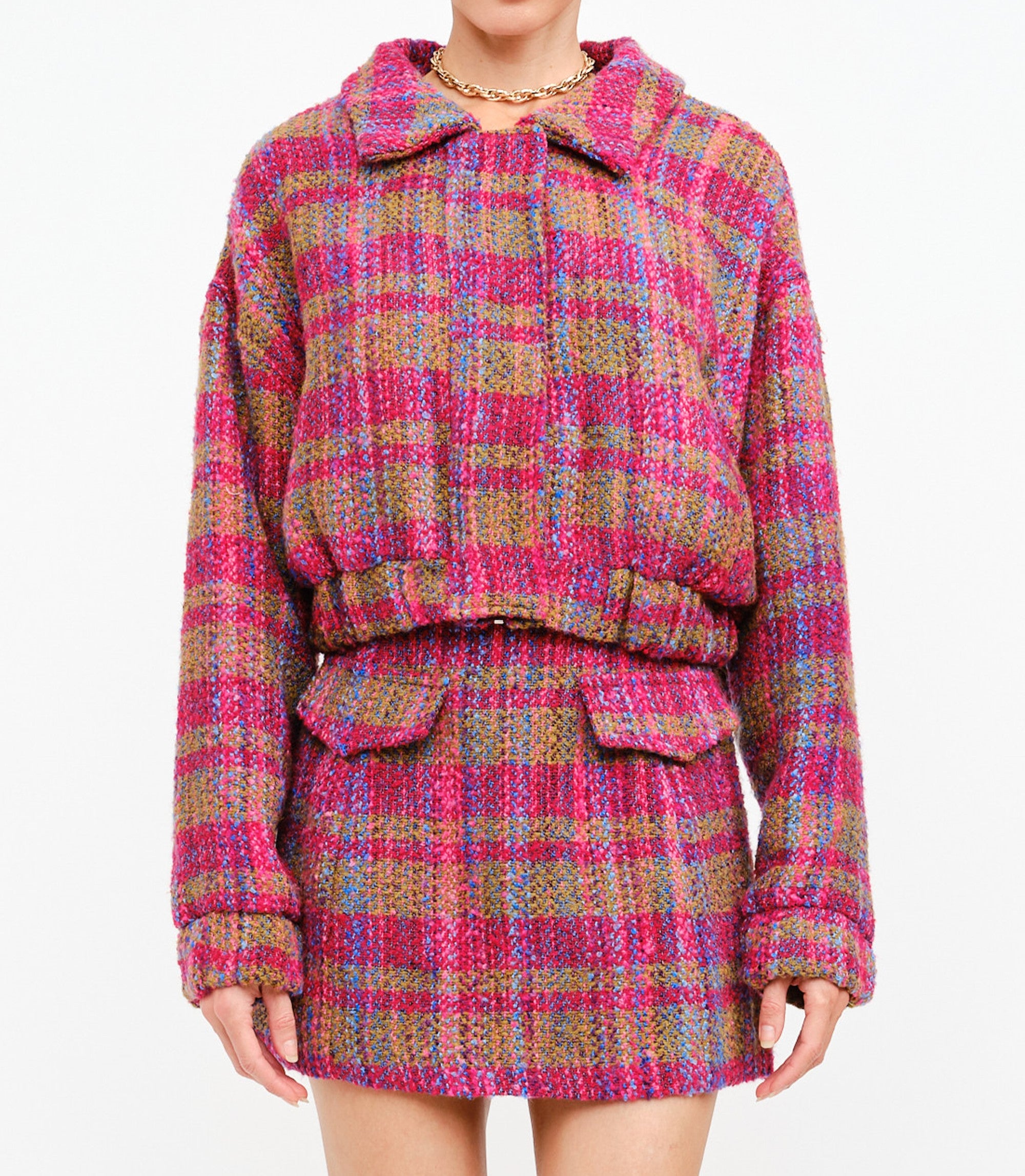 FUCHSIA MULTI PLAID CROPPED AURELIE CROPPED JACKET