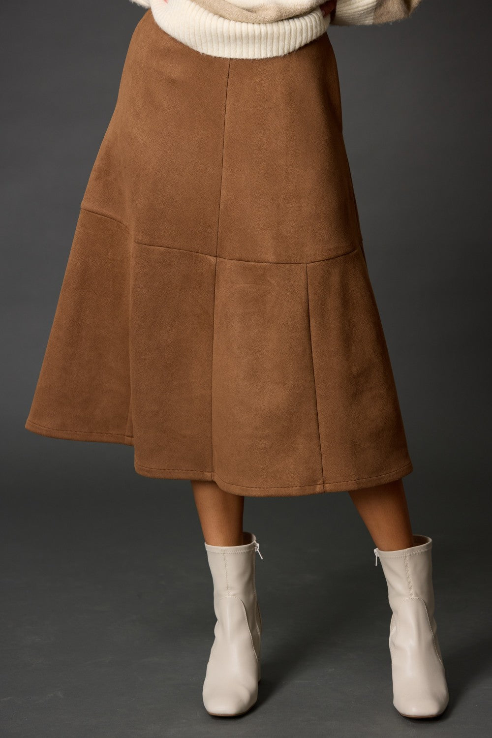 CAMEL FAUX SUEDE MIDI SKIRT