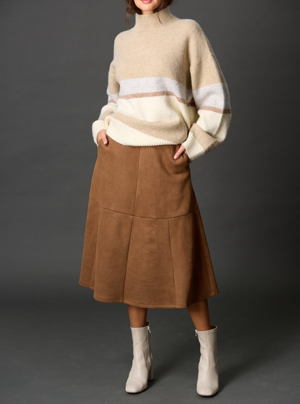 CAMEL FAUX SUEDE MIDI SKIRT