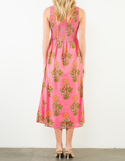 PINK FLORAL PRINT SMOCKED SLEEVELESS MIDI DRESS