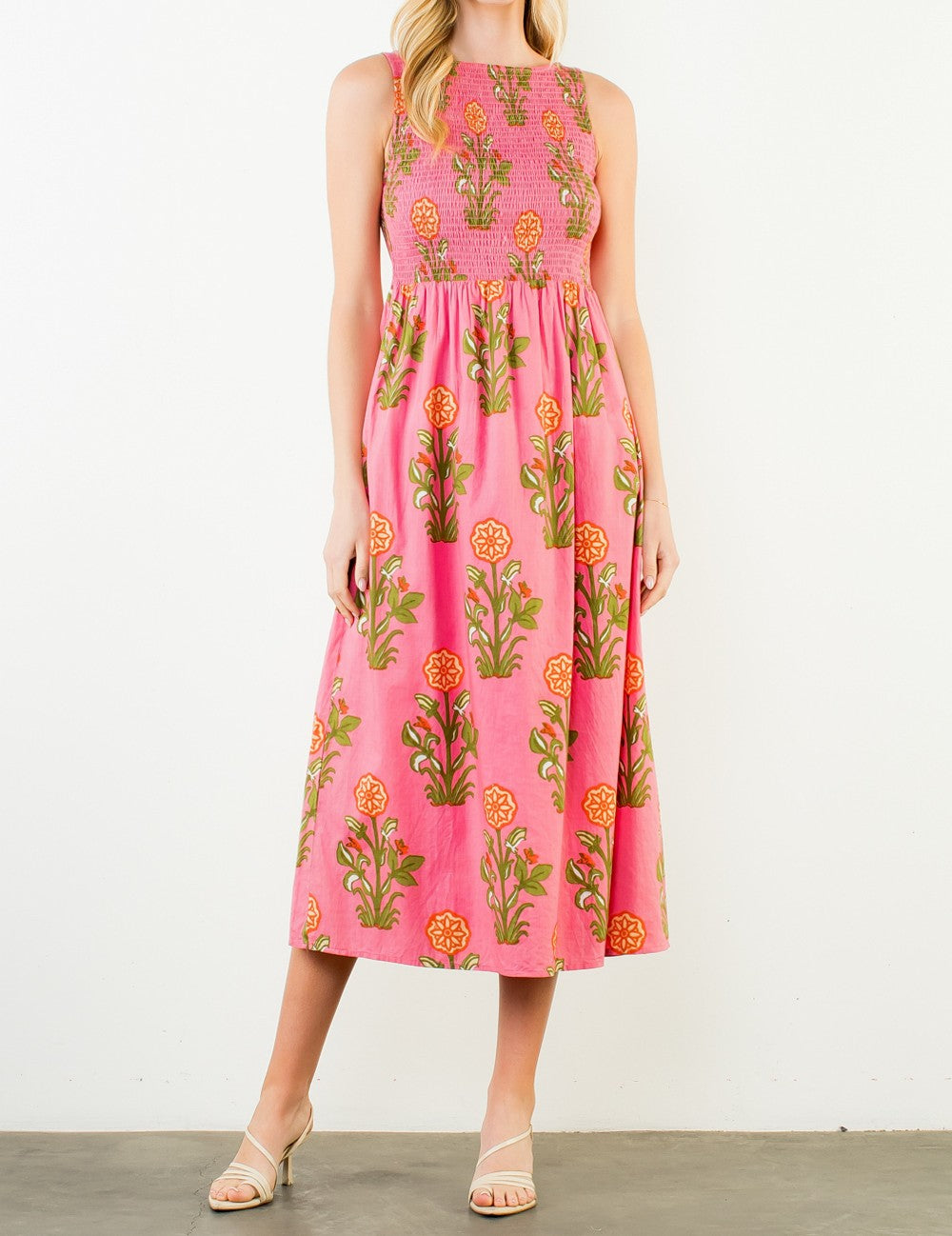 PINK FLORAL PRINT SMOCKED SLEEVELESS MIDI DRESS