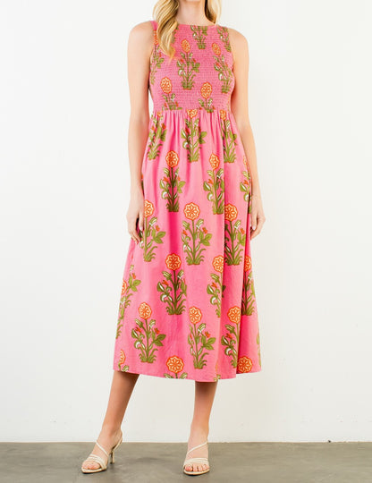 PINK FLORAL PRINT SMOCKED SLEEVELESS MIDI DRESS