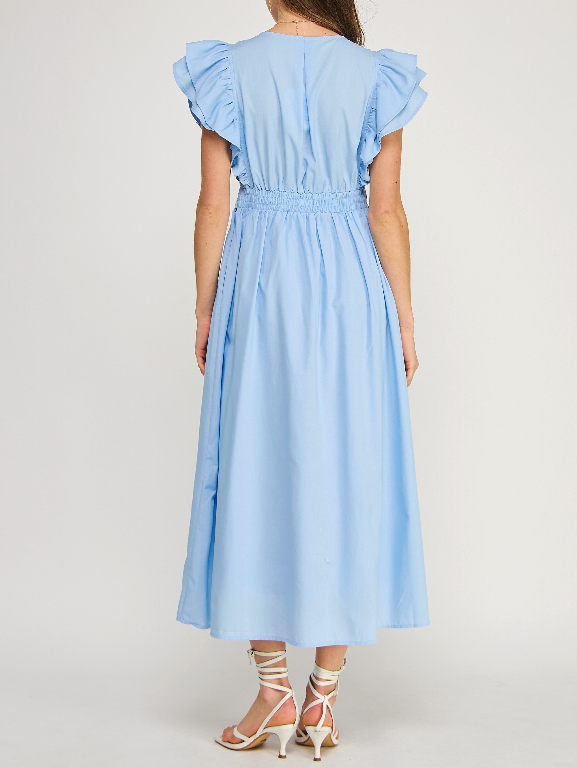 SKY BLUE RUED DETAIL RUFFLED SLEEVE MIDI DRESS