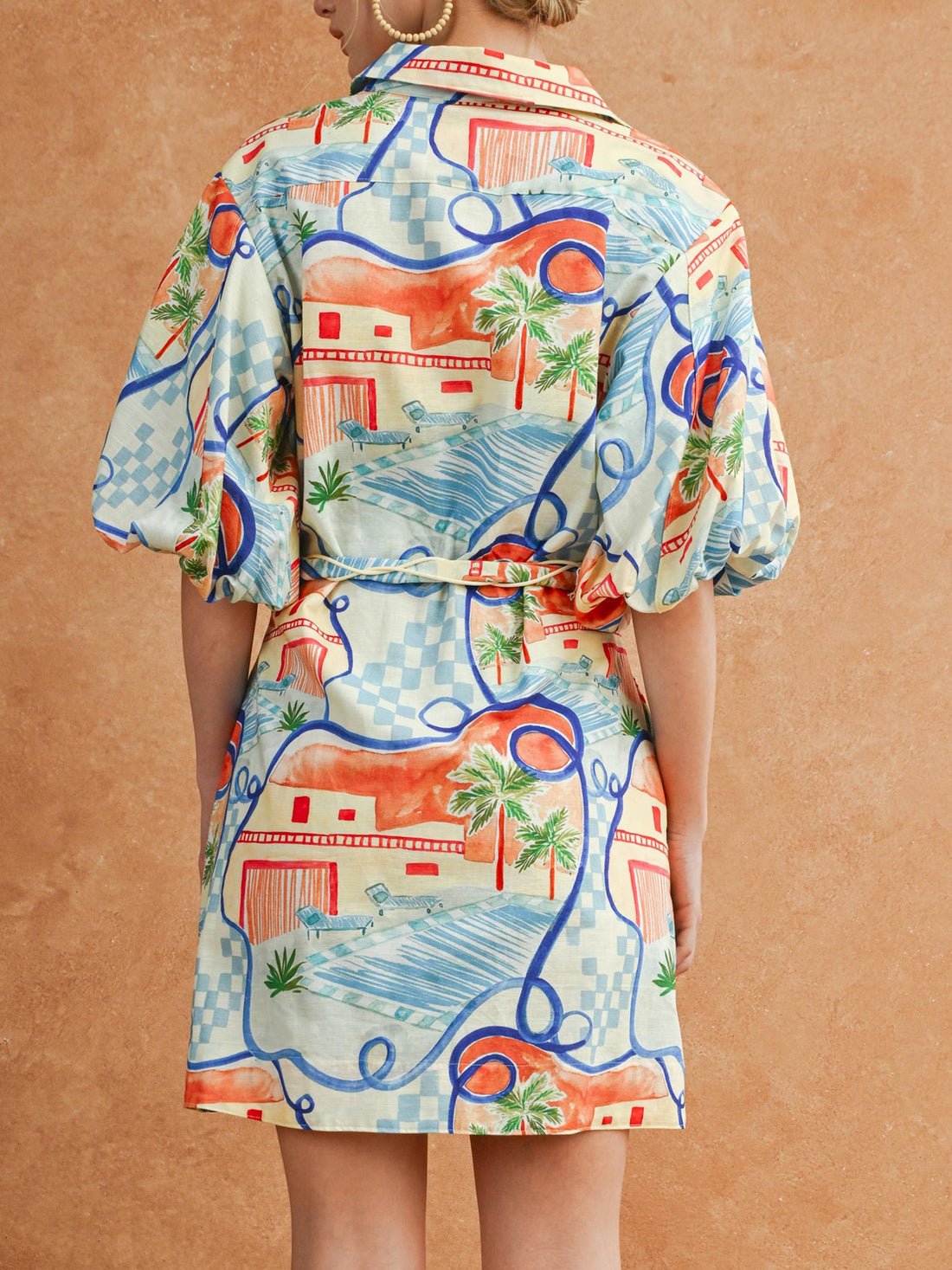BLUE MULTI VACATION PRINT SHORT PUFF SLEEVE BUTTON UP MINI DRESS