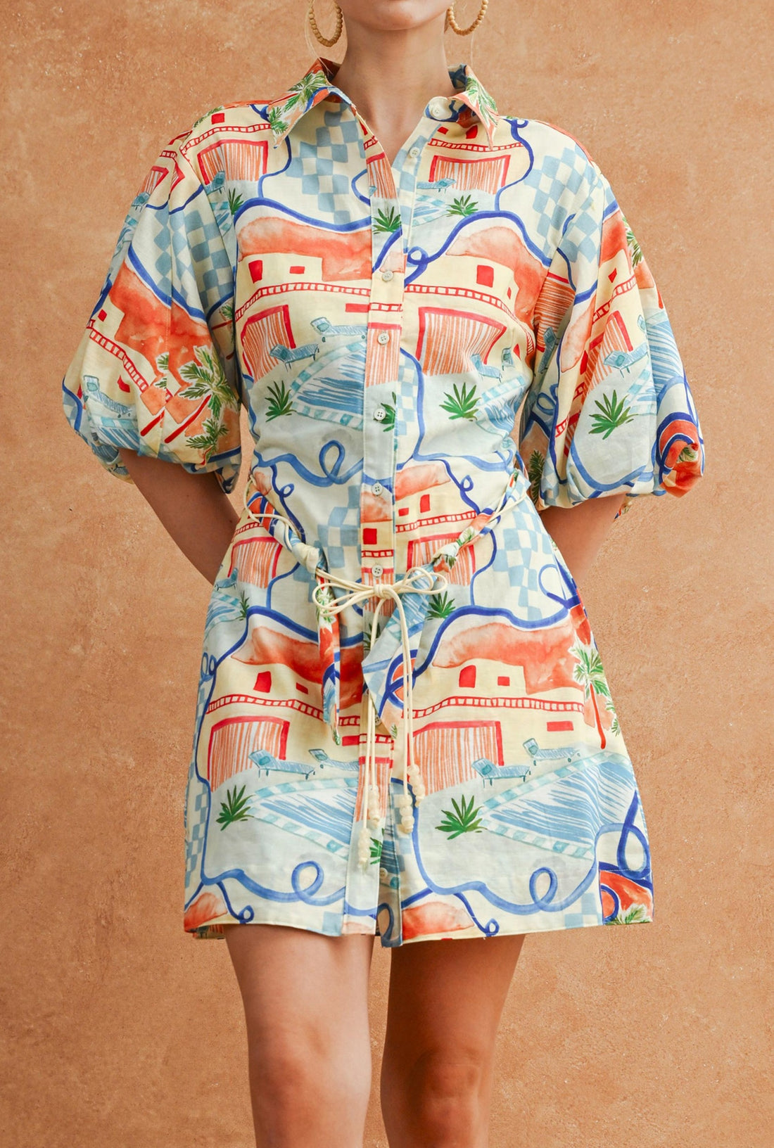 BLUE MULTI VACATION PRINT SHORT PUFF SLEEVE BUTTON UP MINI DRESS