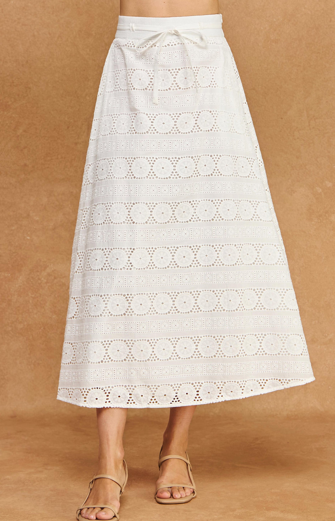 WHITE EYELET EMBROIDERY WAIST STITCH MIDI SKIRT