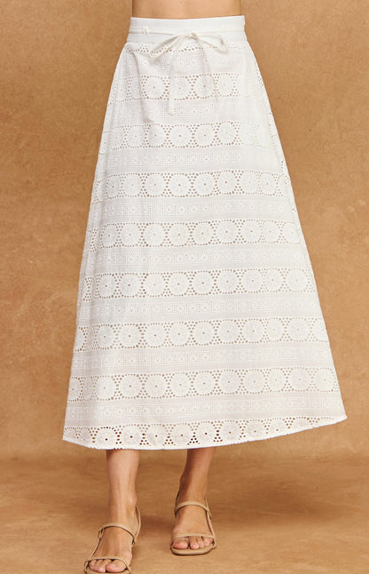 WHITE EYELET EMBROIDERY WAIST STITCH MIDI SKIRT