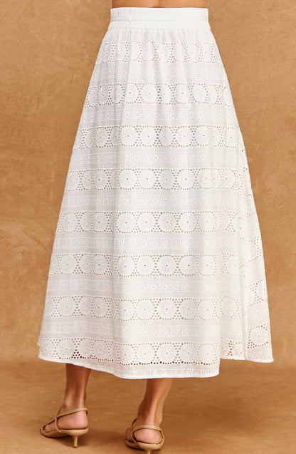 WHITE EYELET EMBROIDERY WAIST STITCH MIDI SKIRT