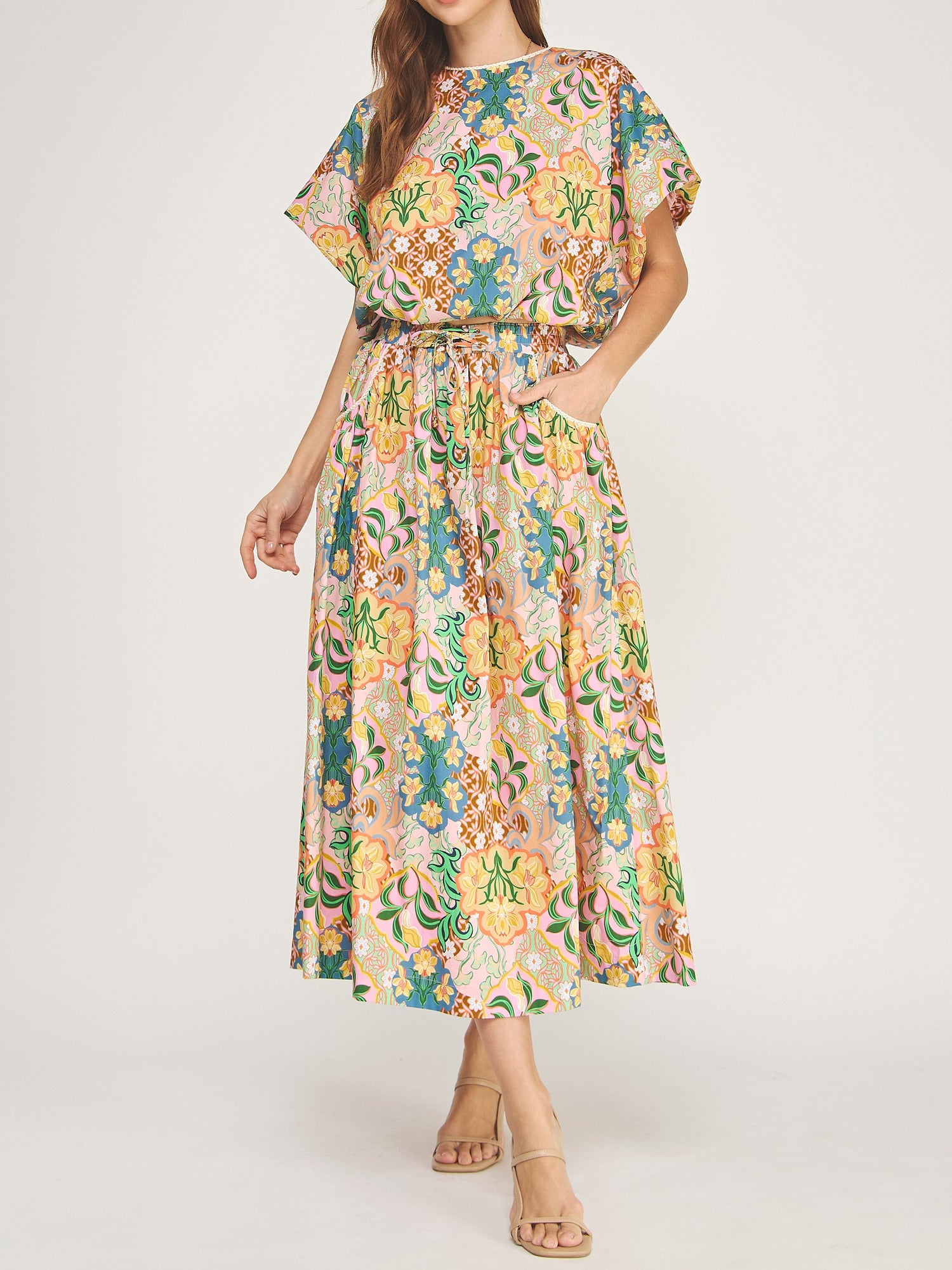 PINK MULTI FLOWER PRINT BUBBLE TOP/MIDI SKIRT SET