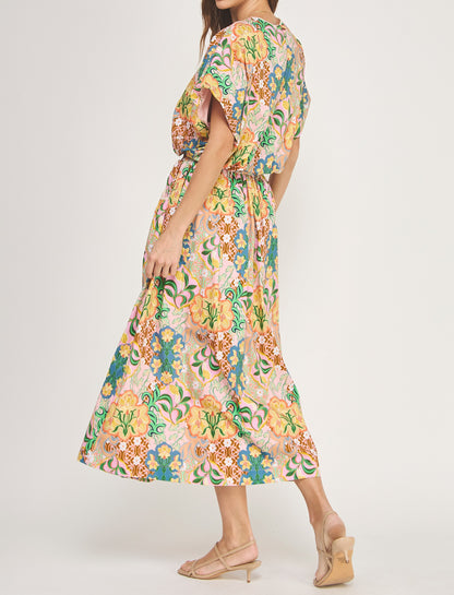 PINK MULTI FLOWER PRINT BUBBLE TOP/MIDI SKIRT SET