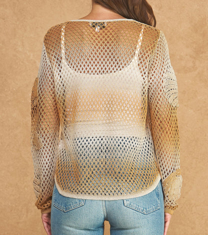 TAN MULTI OMBRE SHELL APPLIQUÉ LONG SLEEVE OPEN CROCHET MESH KNIT SWEATER